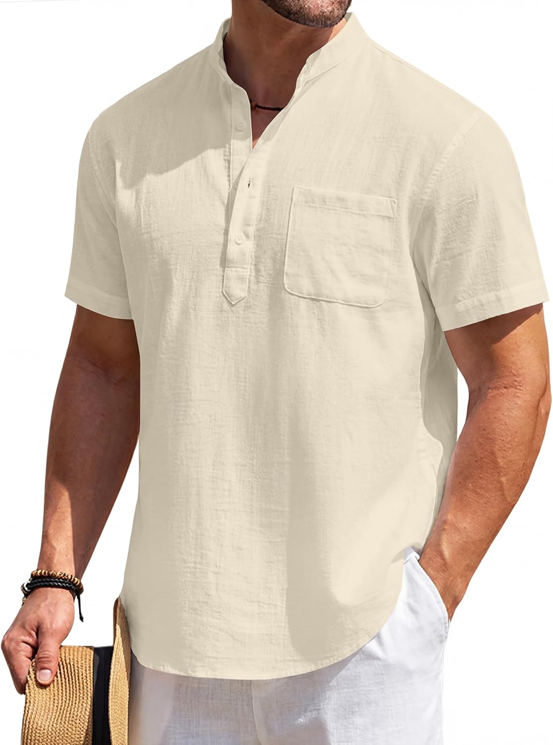 COOFANDY Men's Cotton Linen Henley Shirt Short Sleeve Hippie Casual Beach T-Shirts with Pocket