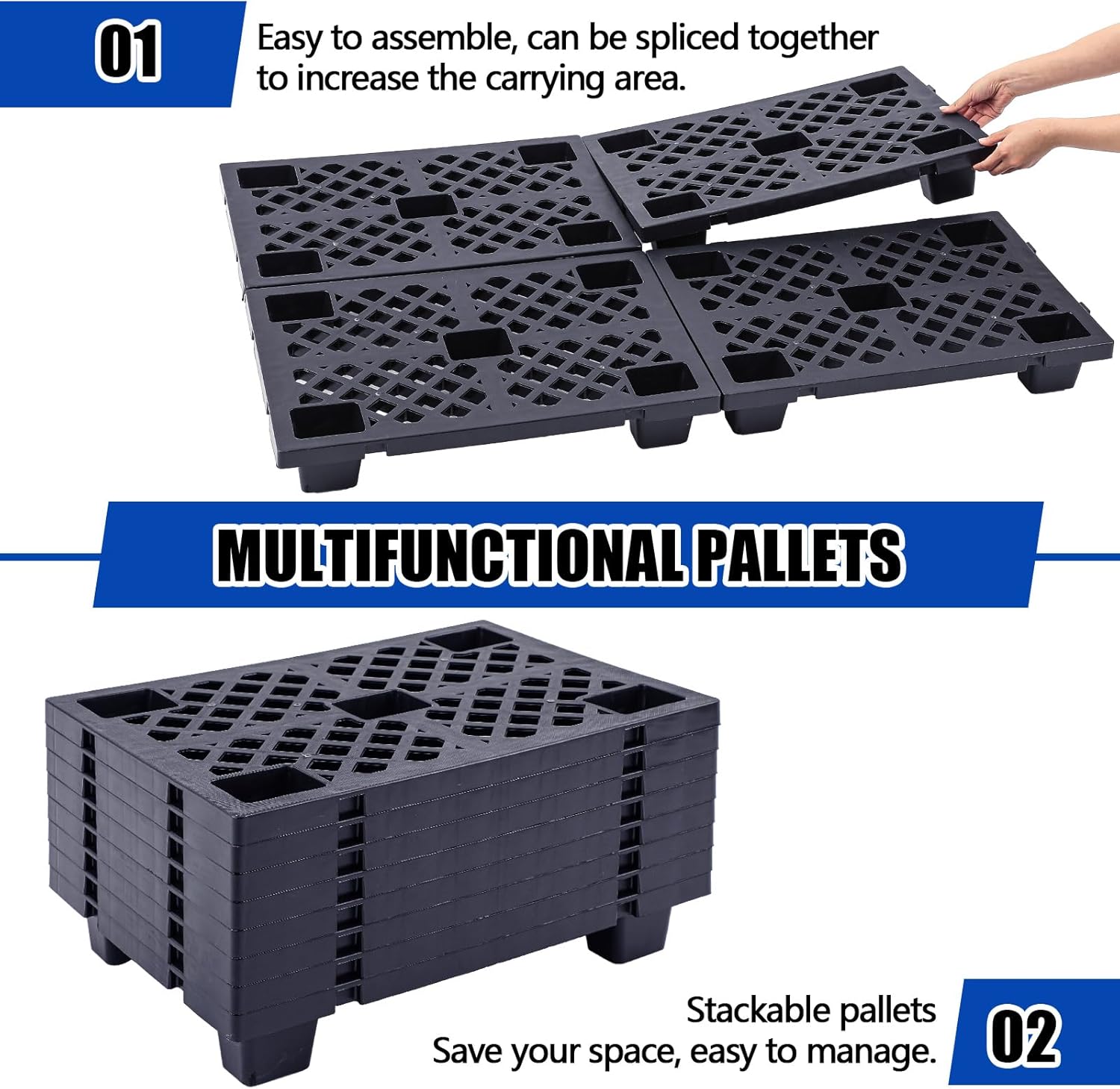 12 Pcs Plastic Pallet Lightweight Nestable Polyethylene Pallets 23.6" x 15.8" x 3.9" Interlocking Storage Pad with Breathable Grids for Basement Restaurant Kitchen Supermarket (Black)