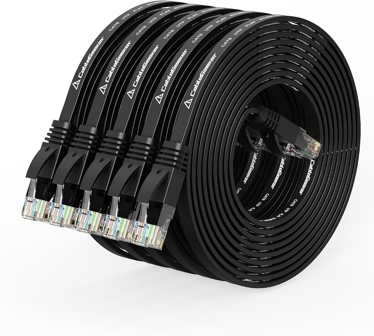 Cat 6 Flat Ethernet Cable 10ft 5Pack, 10Gbps, Black | OFC Bare Copper 30AWG UTP Patch Cable, 550MHz, RJ45 Gold-Plated, Snag-Less Boots, Ideal for Gaming, Streaming, Router