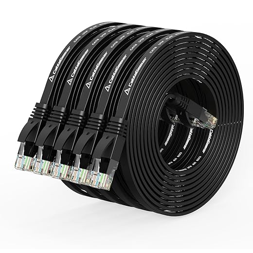 Cat6 Ethernet Cable 10ft 5Pack Black, Flat Internet Network Cord, Cat 6 Patch Cable Short, Computer Cord with Snagless RJ45 Connectors for Modem/Printer/Router