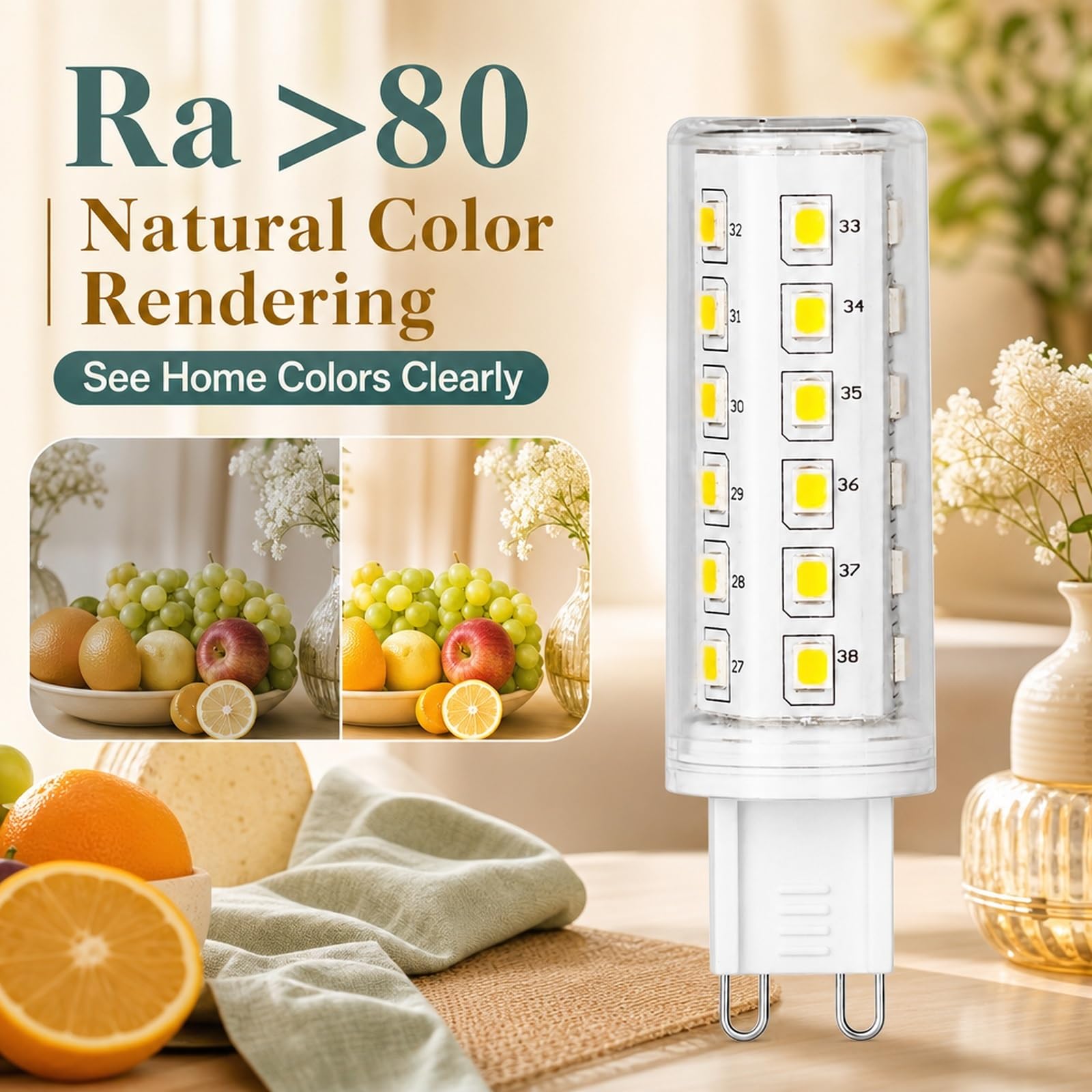 Bombilla LED G9 Luz Cálida 3000K, 5W=40W, Sin Parpadeo, Ahorro Energía, CRI≥80, Larga Vida, Para Araña, Aplique, Pasillo, Iluminación Interior, No Regulable(6 Pack)