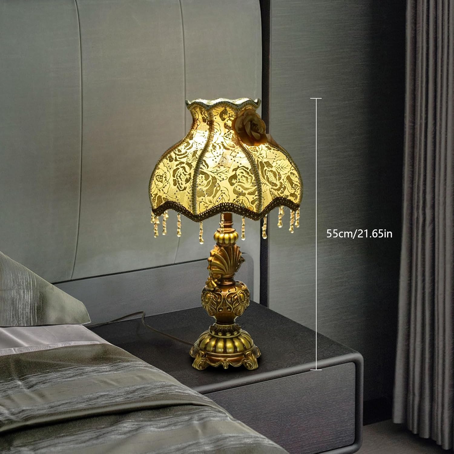 Table Lamp European Style Victorian Desk Bedside Lamp with Pendant & Antique Gold Base, Retro Decor Nightstand Reading Light for Living Room Bedroom Office Study Room