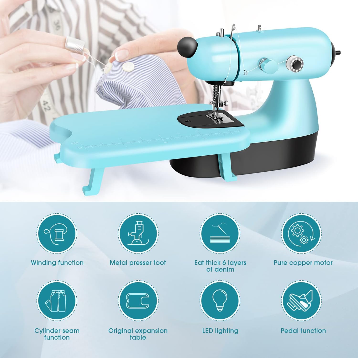 Mini máquina de coser eléctrica con mesa de extensión para manualidades | Cuenta con control de doble velocidad y pedal de pie. Cose hasta 6 capas de mezclilla. Perfecta para decoración