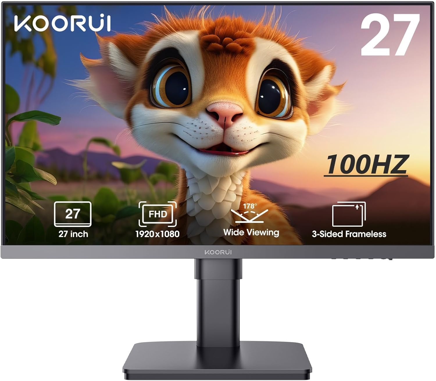 KOORUI Moniteur de Bureau FHD 27", 100 Hz, 4 ms, 16:9 Full HD (1920 x 1080), Cadre Ultra Fin, Montage VESA, HDMI/VGA, Faible lumière Bleue, Noir