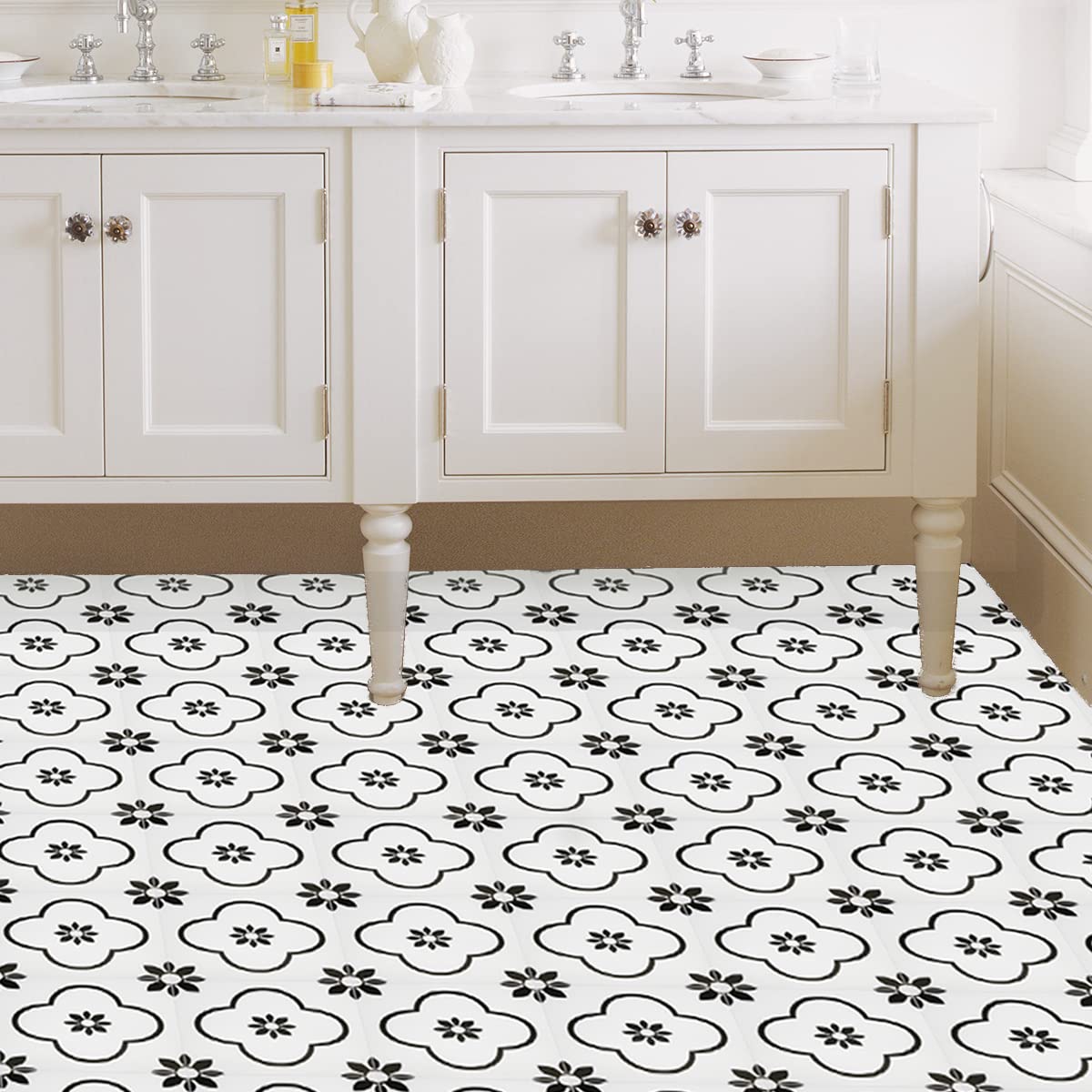 Dureidos Peel and Stick Floor Tile, Black and White Flower Vinyl