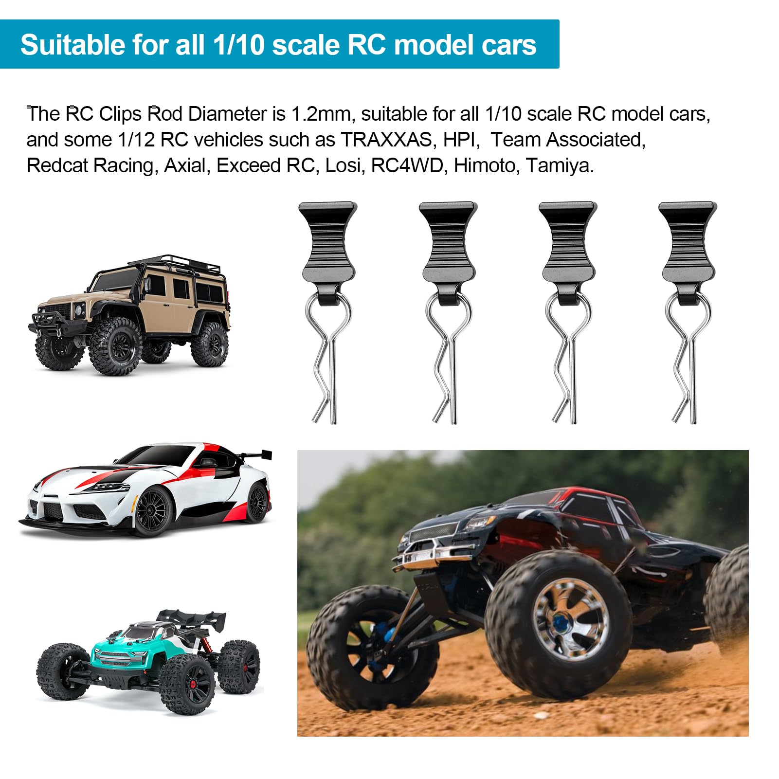 Lot de 4 clips de carrosserie de voiture télécommandée 1/10 avec languettes R pour toutes les pièces de rechange axiales 1