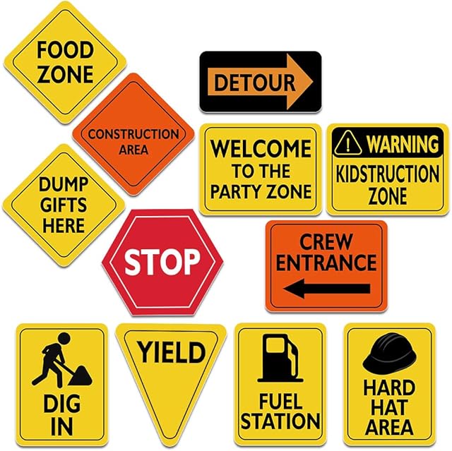 WERNNSAI Construction Zone Party Decorations - 12 PCS Size 20cm Traffic Sign Cutouts for Boys Kids Birthday Party Construction Theme Party Supplies