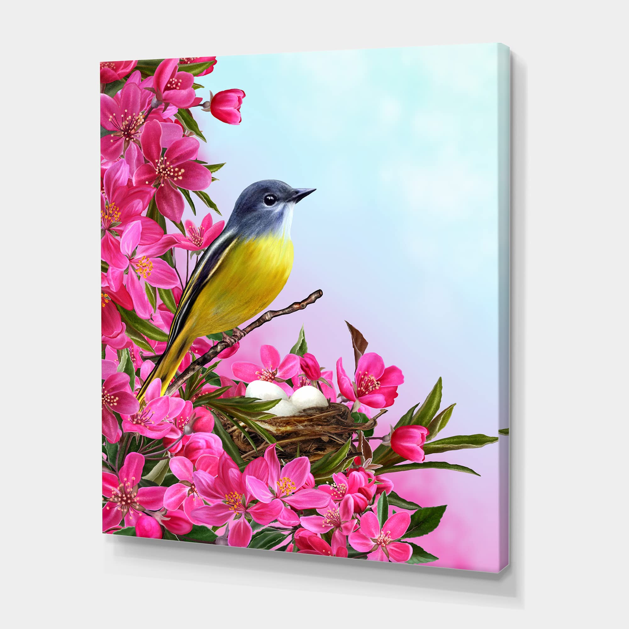 Amazon｜DesignQ 黄色の小さな鳥 花と巣の近くに花 伝統的なキャンバス