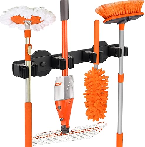 Soporte magnético para escobas, fuerte soporte magnético para trapeador, 4 estantes para herramientas de limpieza, ganchos magnéticos