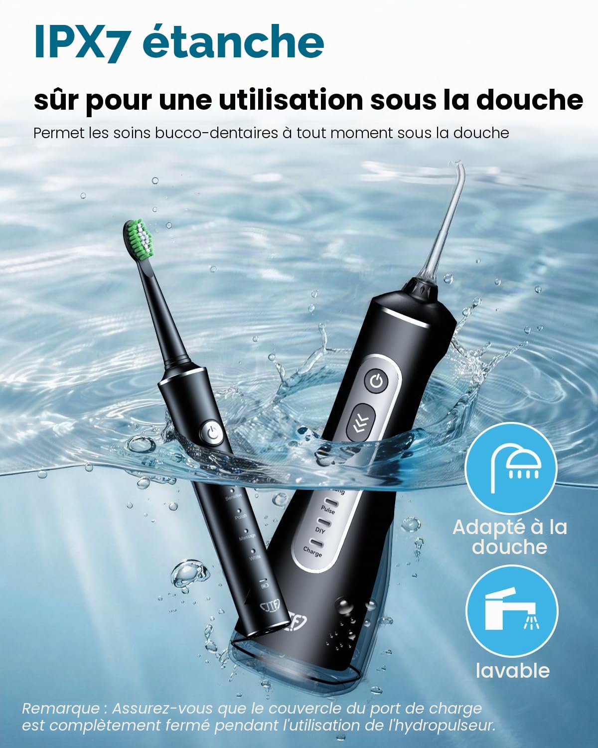 JTF Brosse à Dents Électrique et Hydropulseur Jet Dentaire 2-en-1 – Kit d’Hygiène Buccale Portable Nettoyage Efficace et Doux, Plusieurs Modes pour Appareils Dentaires et Gencives Sensibles, Sans Fil