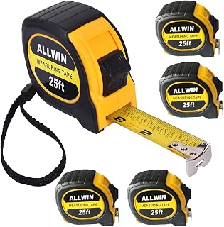 ALLWIN 5-Pack 25 ft Tape Measures - Easy Read 1/8 Fractions, Durable Mylar Blade, Impact-Resistant Case for Contractors & DIY