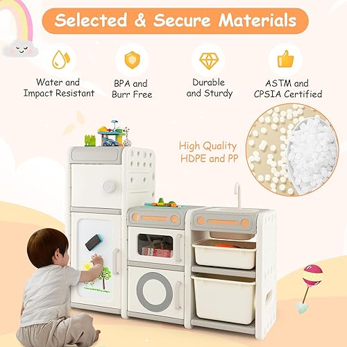 Miniatura 6 de Costzon Organizador de almacenamiento de juguetes para niños, estante multiuso Montessori para juguetes con cajones extraíbles, pizarra blanca