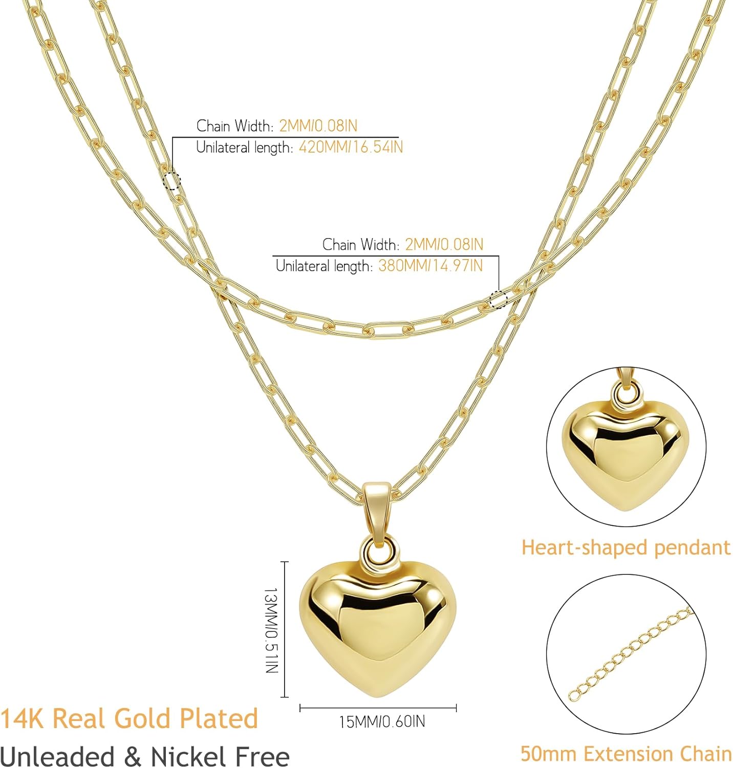 Layered Necklaces for Women 14K Gold Plated Trendy Snake Personalized Heart Pendant Chain Choker Jewelry - Image 4