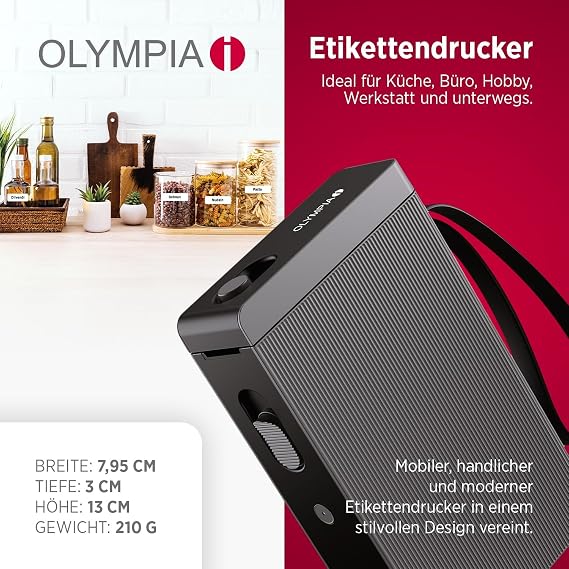 Olympia P22 label printer, black, labeling device for home and office supplies, Bluetooth thermal printer for kitchen, office and hobby | label printer for endless paper