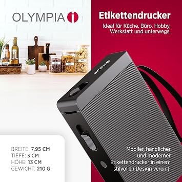Olympia P22 label printer, black, labeling device for home and office supplies, Bluetooth thermal printer for kitchen, office and hobby | label printer for endless paper