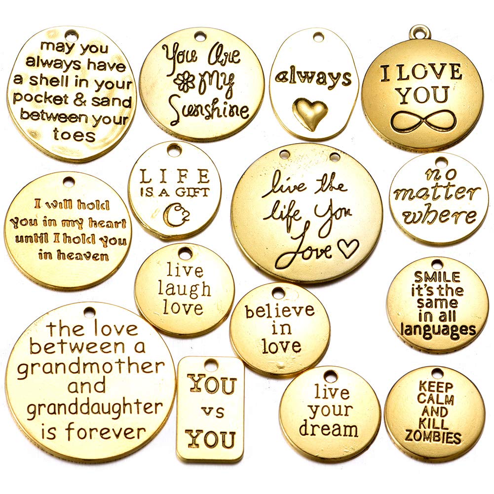 100g Mixed Gold Inspiration Words Charms Craft Supplies Pendants Beads Charms Pendants for Crafting Jewelry Findings Making Accessory for DIY Necklace Bracelet (A512)