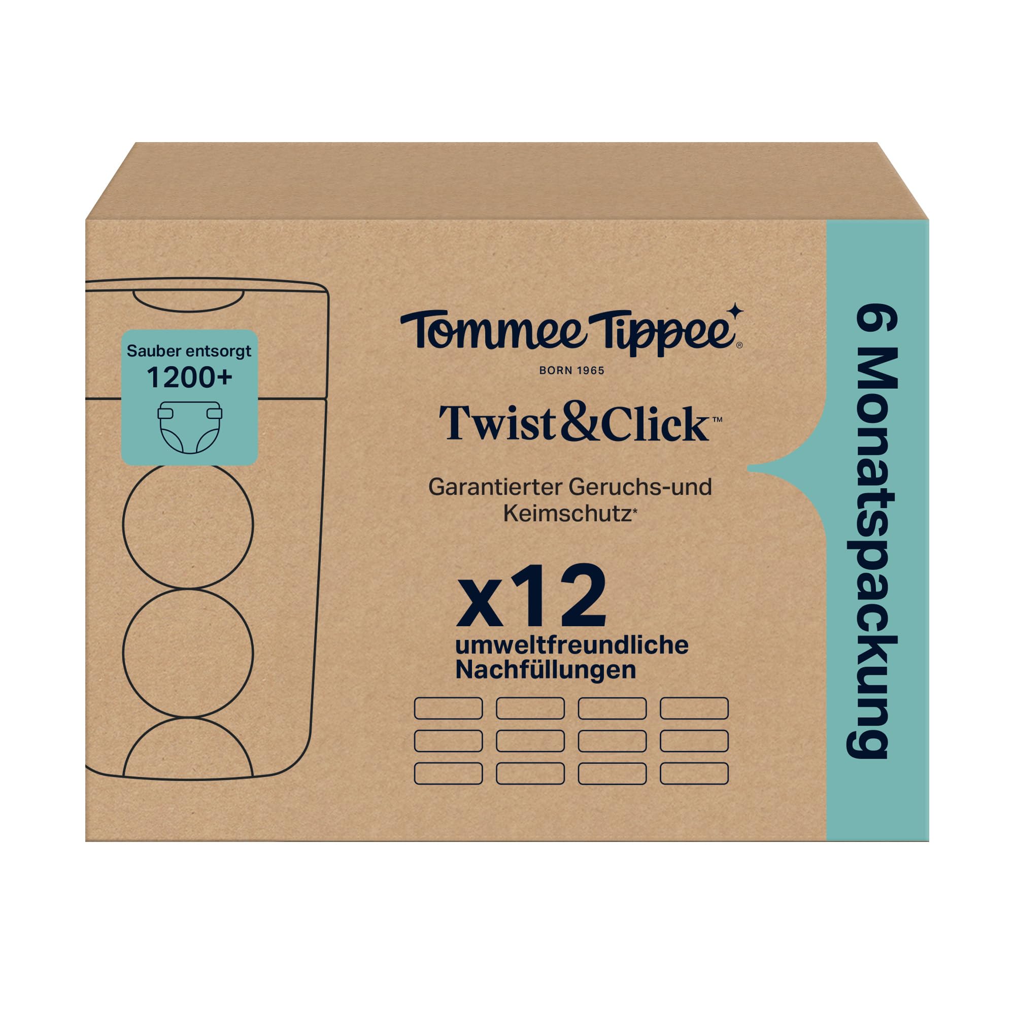 Tommee Tippee Twist & Click Nachfüllfolie für Windeleimer, 12er-Pack, je 10,5 m, mehrlagige antibakterielle* Folie, passend für Twist & Click Kassette, 12 x 10,5 m