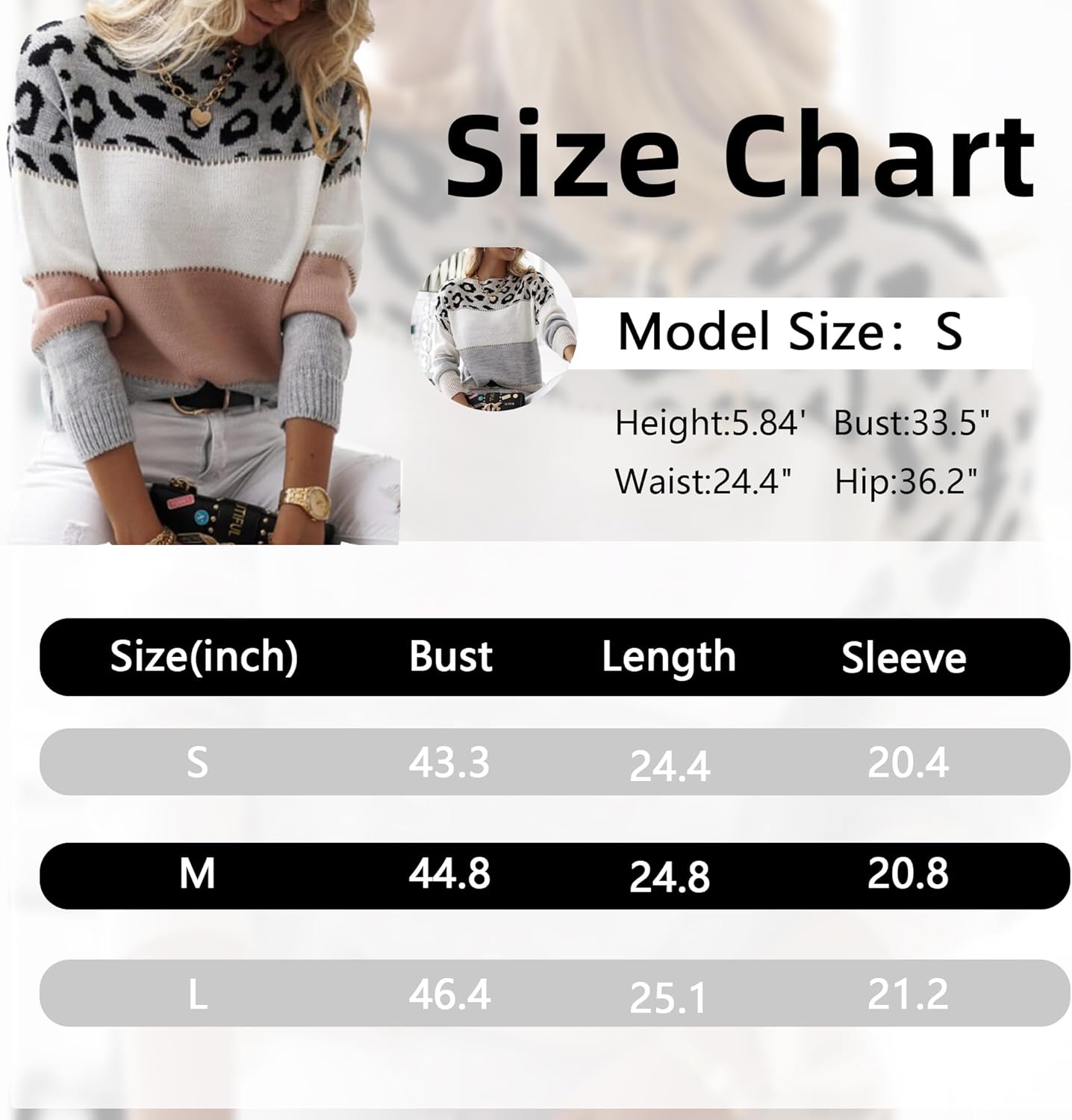 FindThy Women’s Leopard Printed Striped Sweater Crewneck Knitted Long Sleeve Color Block Pullover - Image 5