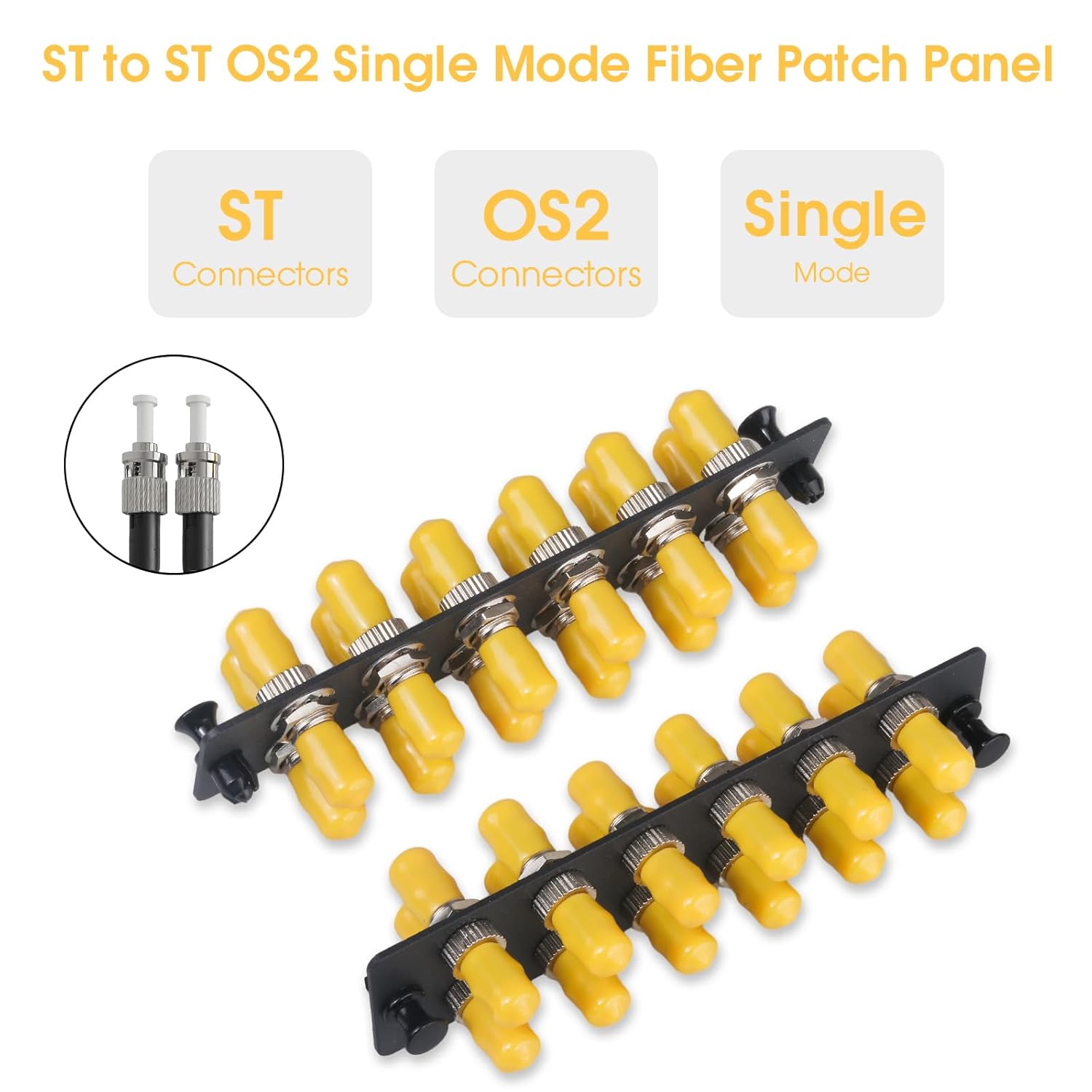 2-Pack 12 Simplex ST Fiber Patch Panel with Simplex Singlemode Yellow ST Adapters, 12 Fiber Ports