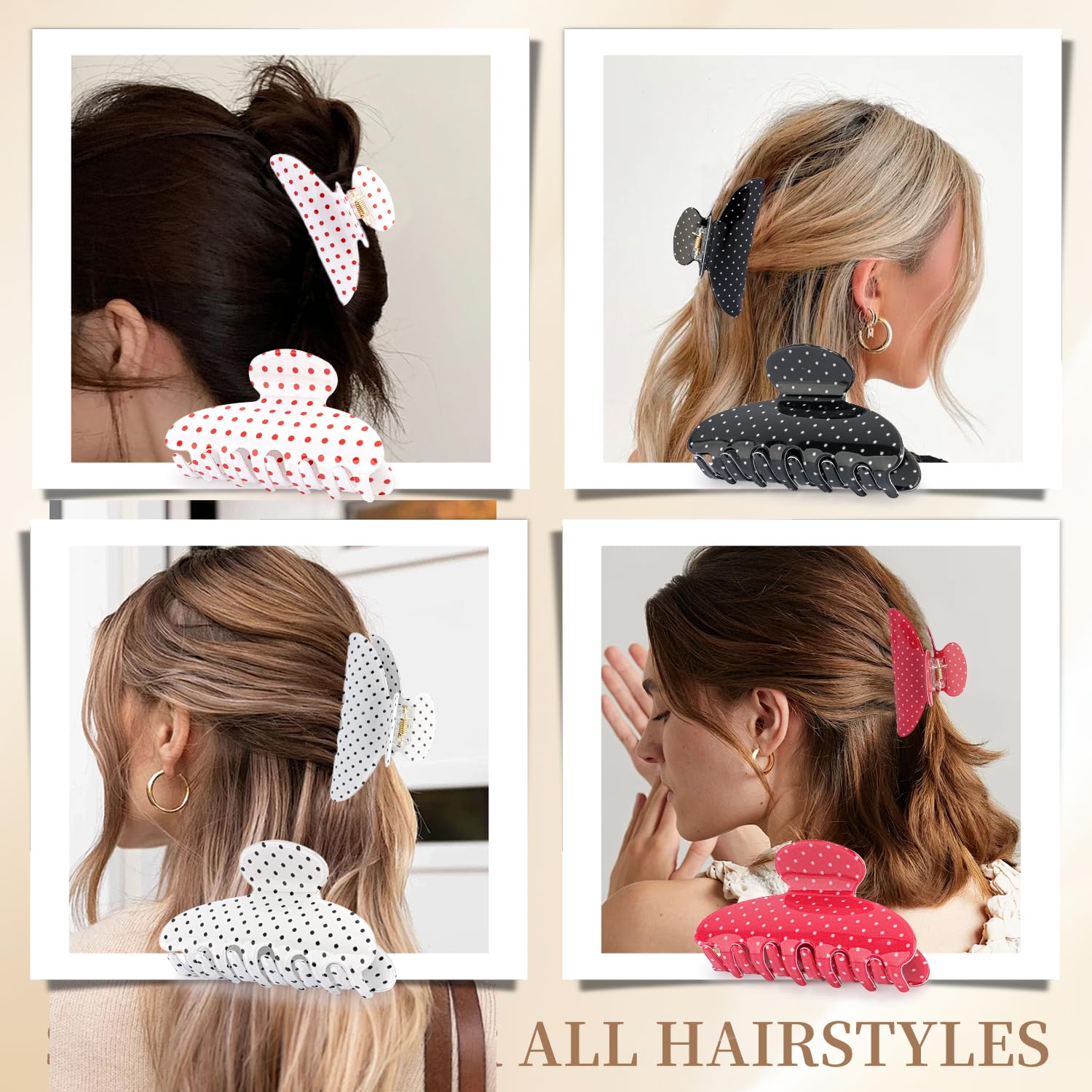 Polka Dot Claw Clip for Women, Acrylic Medium Claw Clips, Cute Polka Dot Hair Clips, Elegant Hair Accessories for Women's Commuting Daily Stuff,Red,Black,White,4 Pcs