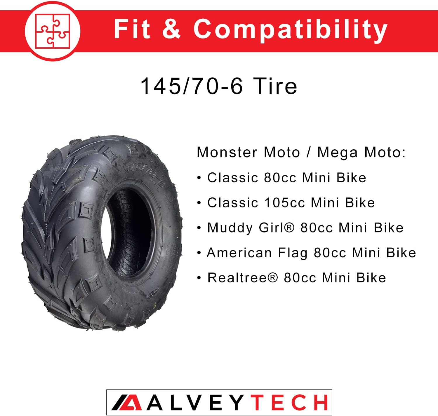 AlveyTech 145/70-6 V-Tread Tire for the Monster Moto/Mega Moto Classic (MM-B80) 80cc and Classic (MM-B105) 105cc Mini Bikes - Replacement Tubeless Tires for Mini Bike, Go-Kart, 4-Wheeler Quad ATV