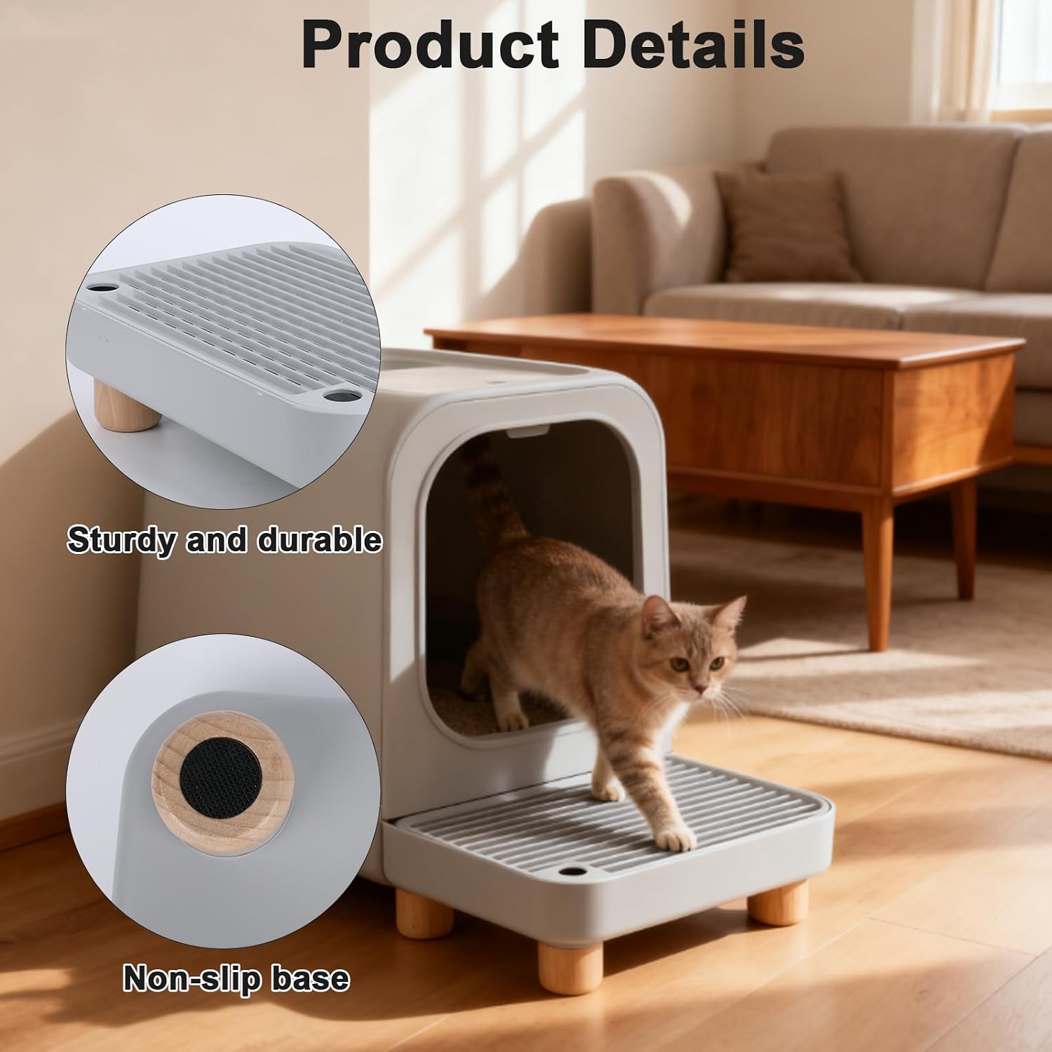 Litter Box Step, Litter Box Ramp/Catcher with Wooden Base，Pet Step Stool for Filter Function, Easy to Clean,Ideal for Kitten/Elderly Cats(Gray)