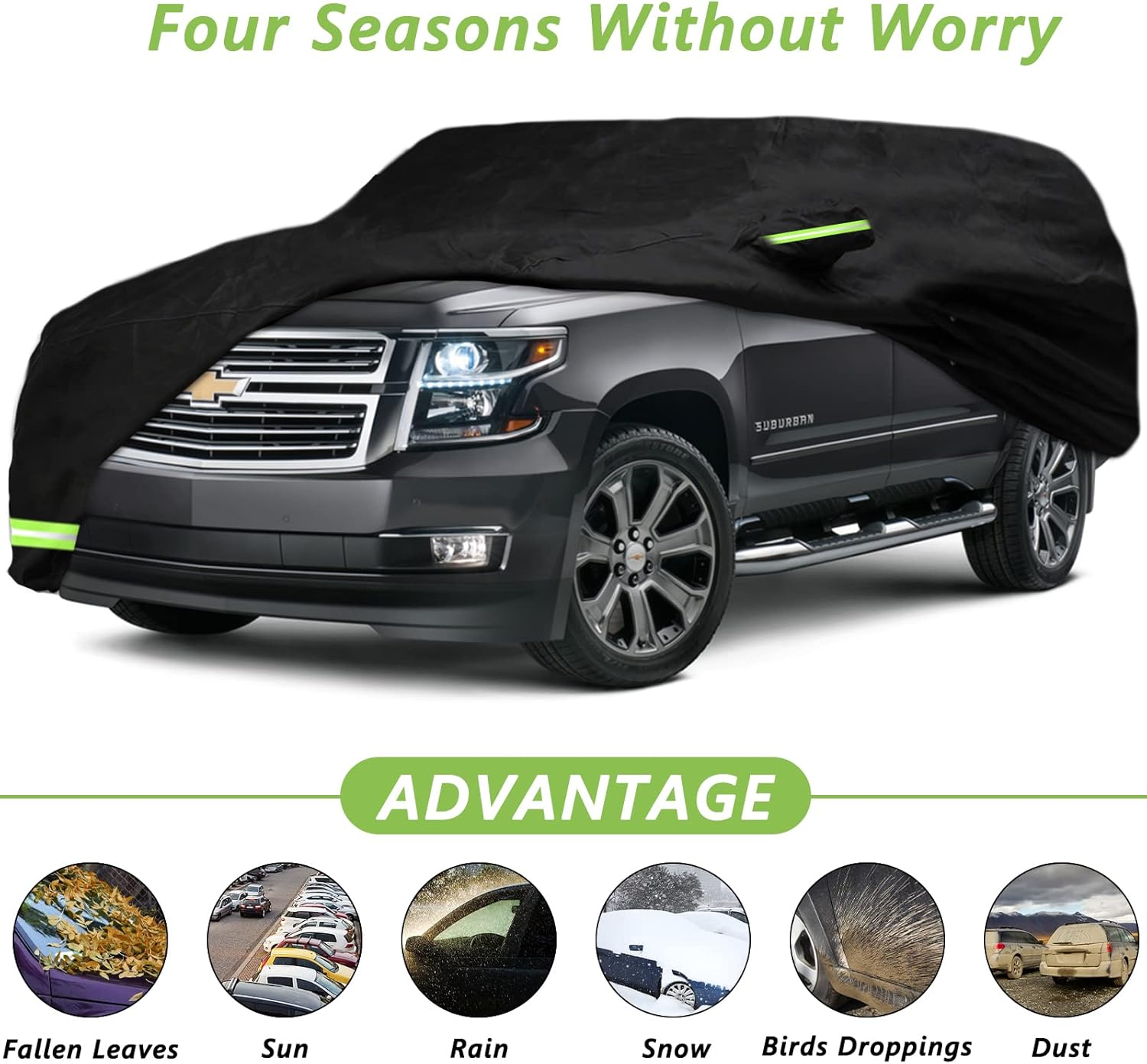 YIXIN Waterproof Car Cover for 2007-2026 Chevy Suburban/GMC Yukon XL/Cadillac Escalade ESV Car Cover Custom Fit 100% Waterproof Windproof Strap & Single Door Zipper Up to 226” L (Black)