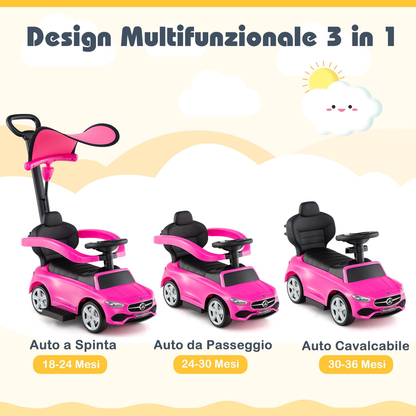 Macchina A Spinta COSTWAY Per Bambini 19-36 Mesi, Con Clacson, Luci LED E Vano Portaoggetti, Azzurro