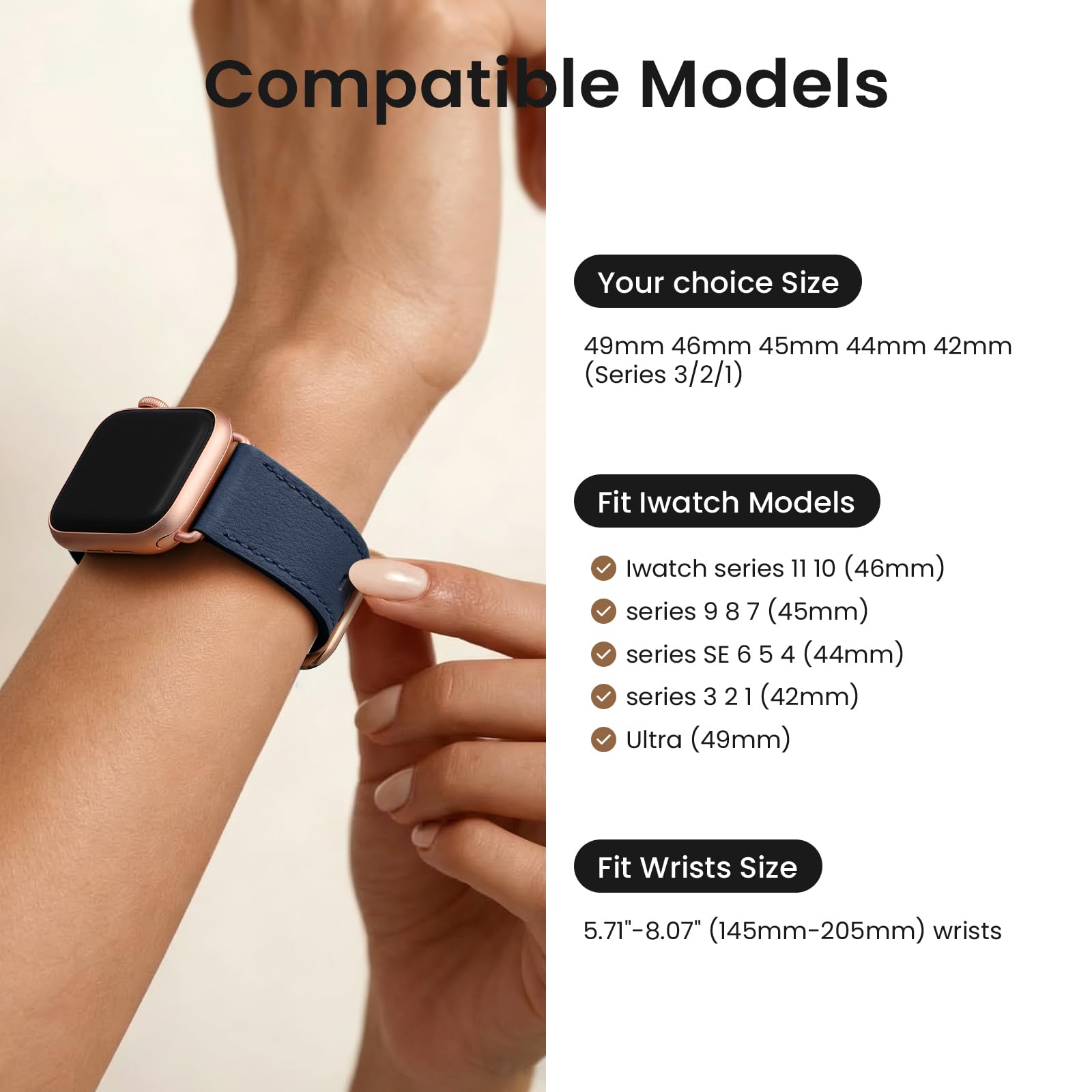 POWER PRIMACY Armband kompatibel mit Apple Watch, 38 mm, 40 mm, 41 mm, 42 mm, 44 mm, 45 mm, 49 mm, genarbtes Lederband, kompatibel mit Herren und Damen, iWatch Serie 8, 7, 6, 5, 4, 3, 2, 1, SE Ultra