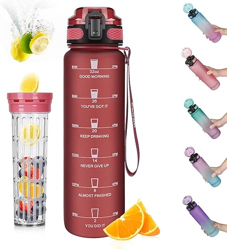Opard Botella de agua deportiva de 32 onzas con marcador de tiempo motivacional para beber, Tritan reutilizable sin BPA con filtro para gimnasio y