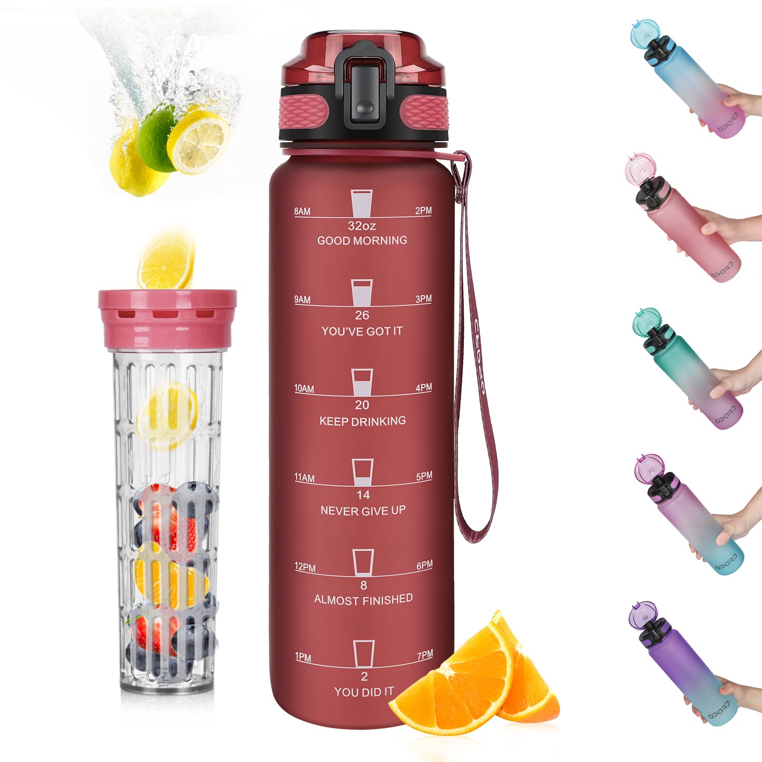 Opard Trinkflasche 1L mit Früchtebehälter Wasserflasche mit Teesieb Obst Rezept Water Bottle für Student, Büro, Sportler, Kinder, Fitness