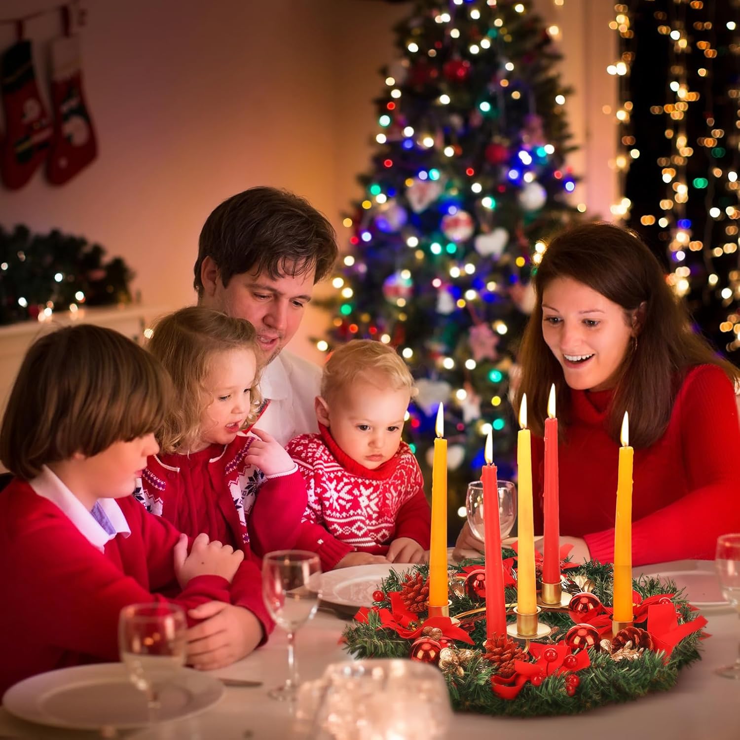 14 Inch Christmas Advent Wreath 5 Candle Holder Christmas Ribbon Candlestick Table Centerpiece Decor with Gold Metal Ring Cups, Red Bow, Pine Cones, Flower for Xmas Holiday Church