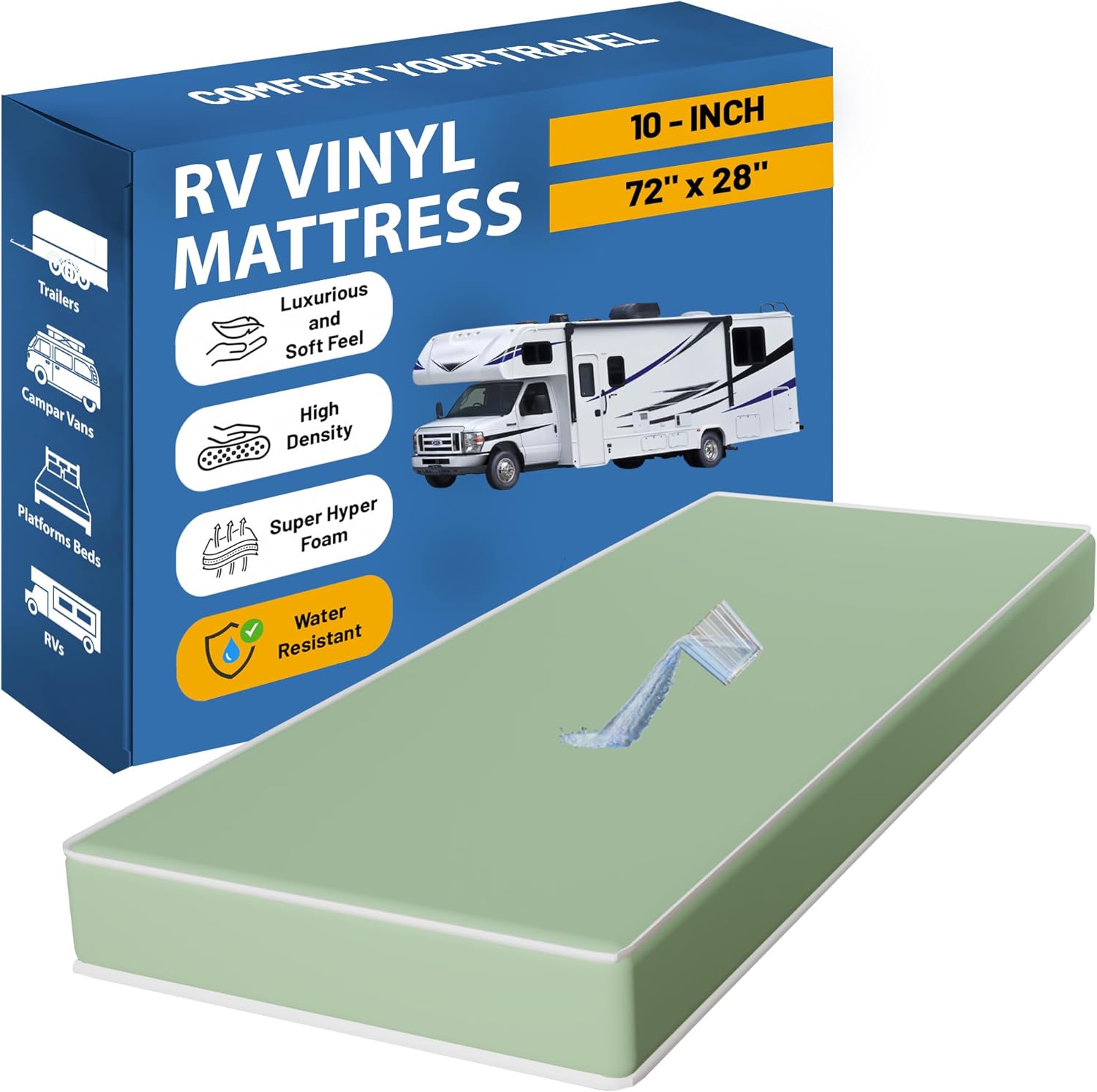 Greaton, 10-Inch High-Density Foam Vinyl RV Mattress Replacement, Medium Firm, Good for Trailers, Camper Vans, Sofa Bed and Other Furniture Application, 72" x 28", Green
