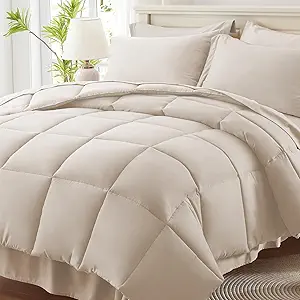 Anluoer Twin Size Bed in a Bag 5 Pieces, Beige Bed Comforter Set with Sheets, All Season Bedding Sets with 1 Comforter, 1 Pillow Sham, 1 Pillowcase, 1 Flat Sheet, 1 Fitted Sheet