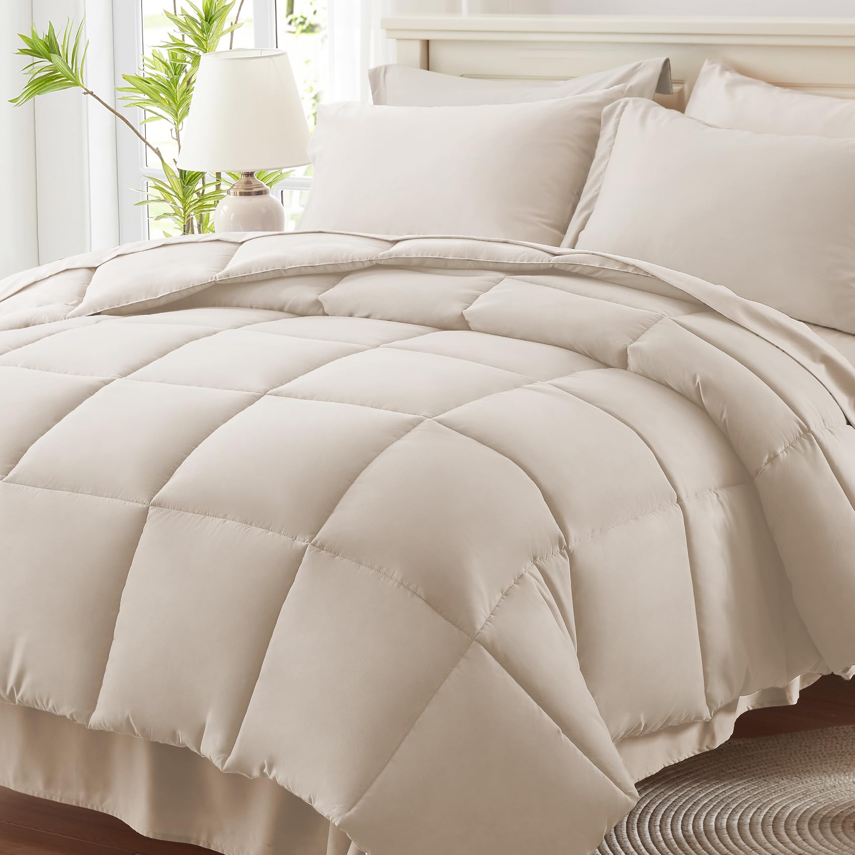 Anluoer King Size Bed in a Bag 7 Pieces, Beige Bed Comforter Set with Sheets, All Season Bedding Sets with 1 Comforter,2 Pillow Shams,2 Pillowcases, 1 Flat Sheet, 1 Fitted Sheet