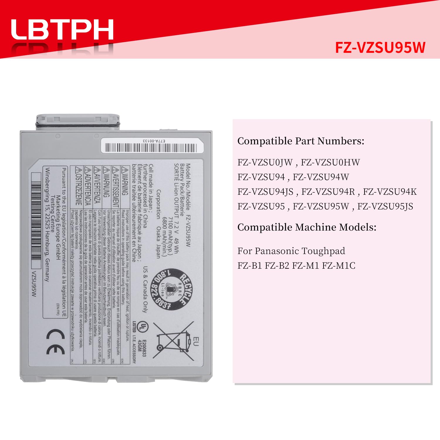 FZ-VZSU95W 49Wh Tablet Replacement Battery For Panasonic Toughpad FZ-B1 FZ-B2 FZ-M1 FZ-M1C Series FZ-VZSU0JW FZ-VZSU0HW FZ-VZSU94 FZ-VZSU94W FZ-VZSU94JS FZ-VZSU94R FZ-VZSU94K FZ-VZSU95 FZ-VZSU95JS