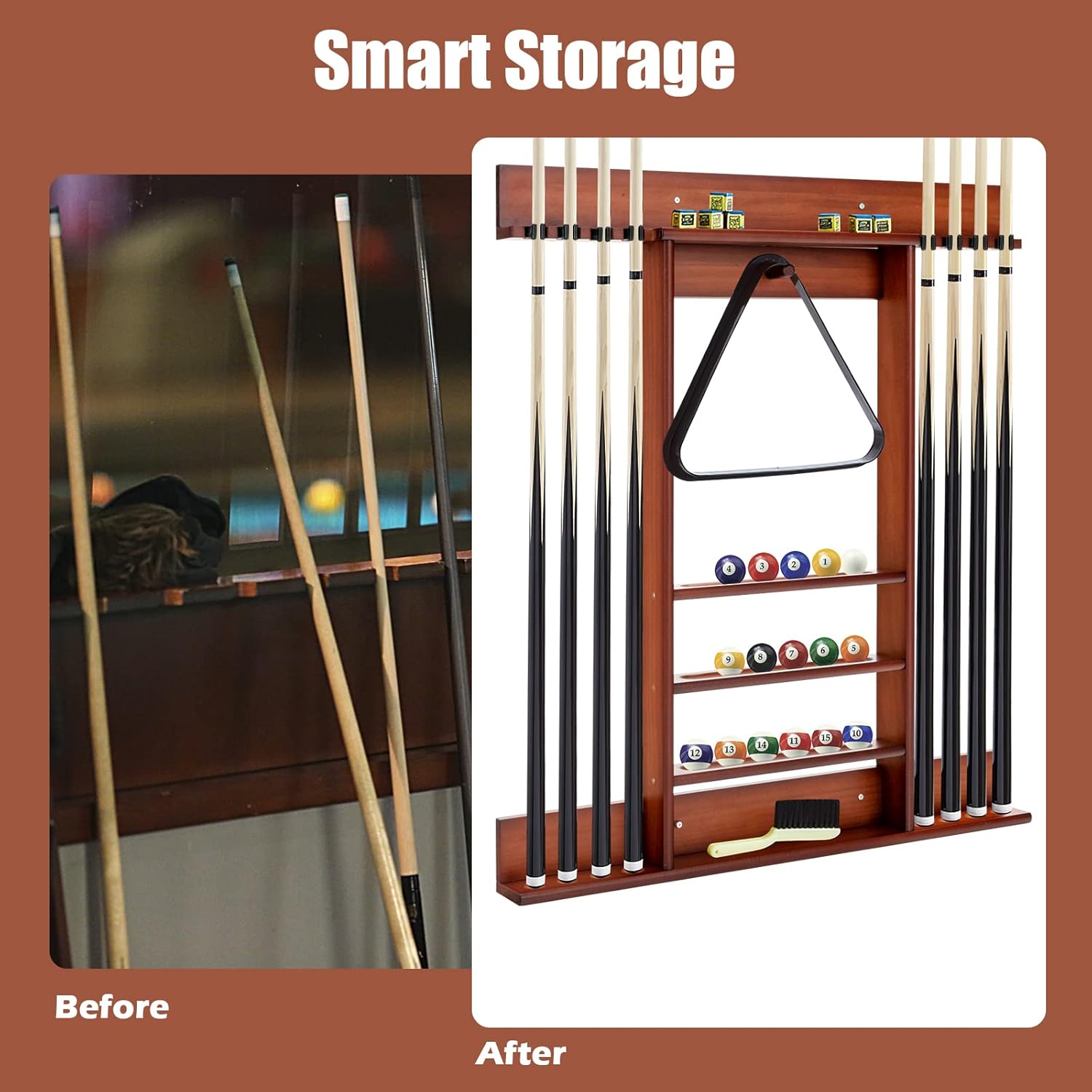 GYMAX Pool Stick Holder, Wall Mount 8 Pool Cue Rack made of 100% Pine Wood, Billiard Cue Racks Pool Table Accessories for Game Room Club Men Cave