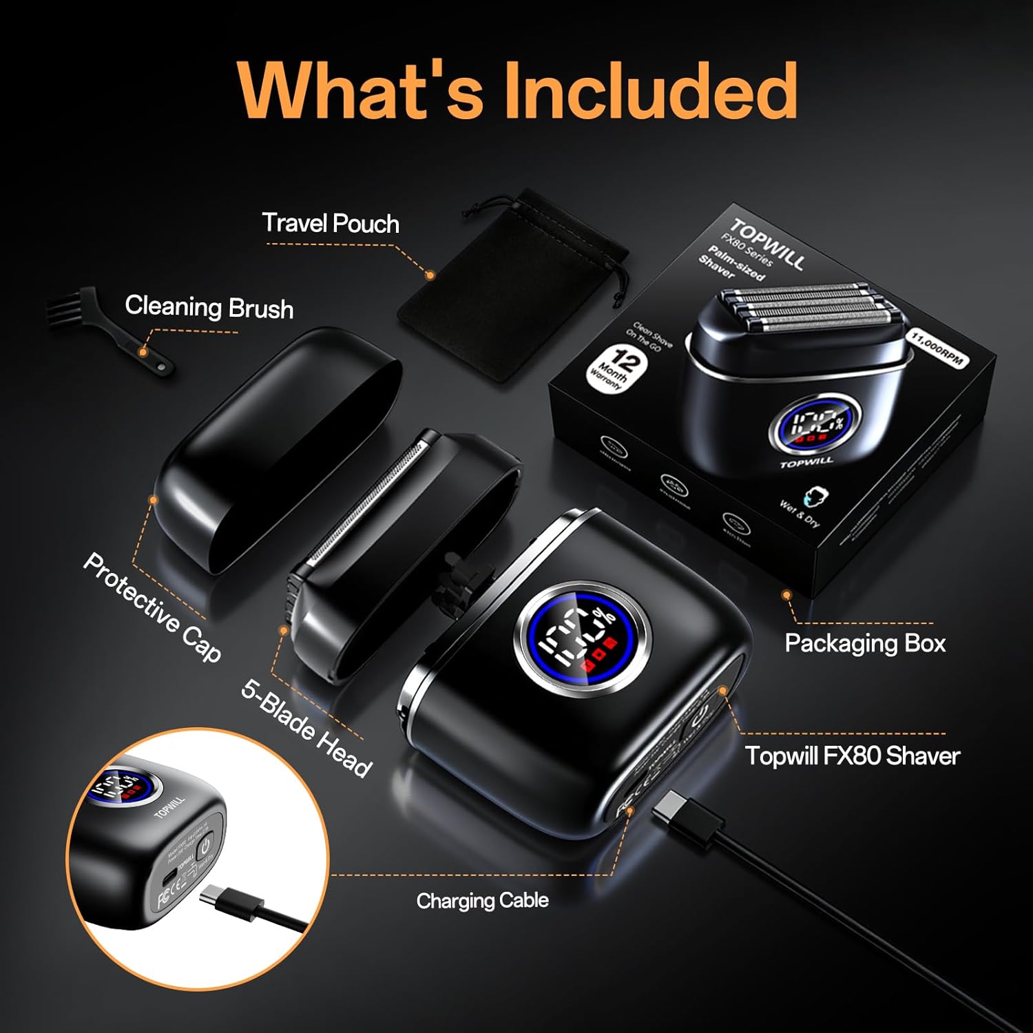 Electric Razor for Men, 5-Blade Portable Foil Shaver for Travel, High-Speed Motor for Beard & Mustache Close Shave, Wet/Dry Use, Cordless USB-C Rechargeable, Black