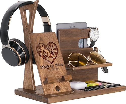 Estación de acoplamiento para teléfono para marido, novio, organizador de escritorio único hecho a mano para sus accesorios, ideas de regalo
