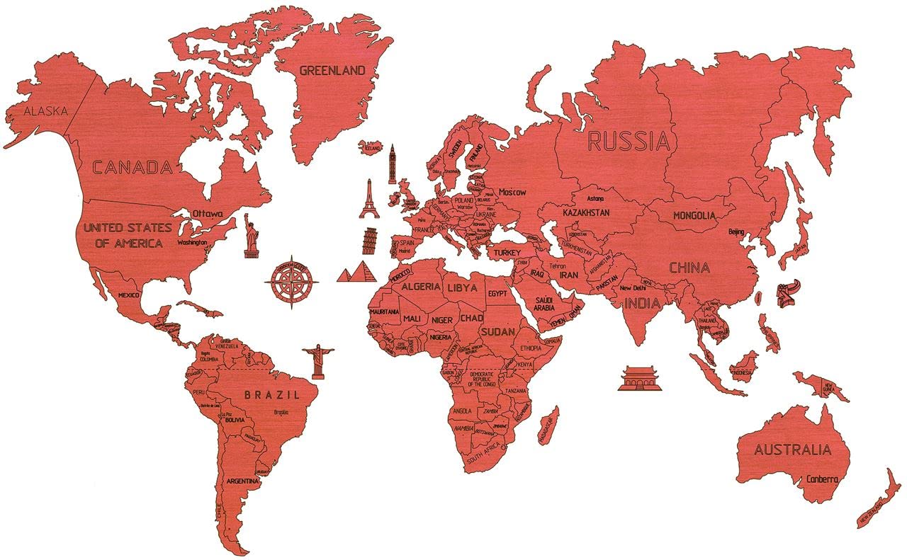 Wooden City Carte du monde Taille XL (corail) 120 x 80 cm, couleur bois, une seule