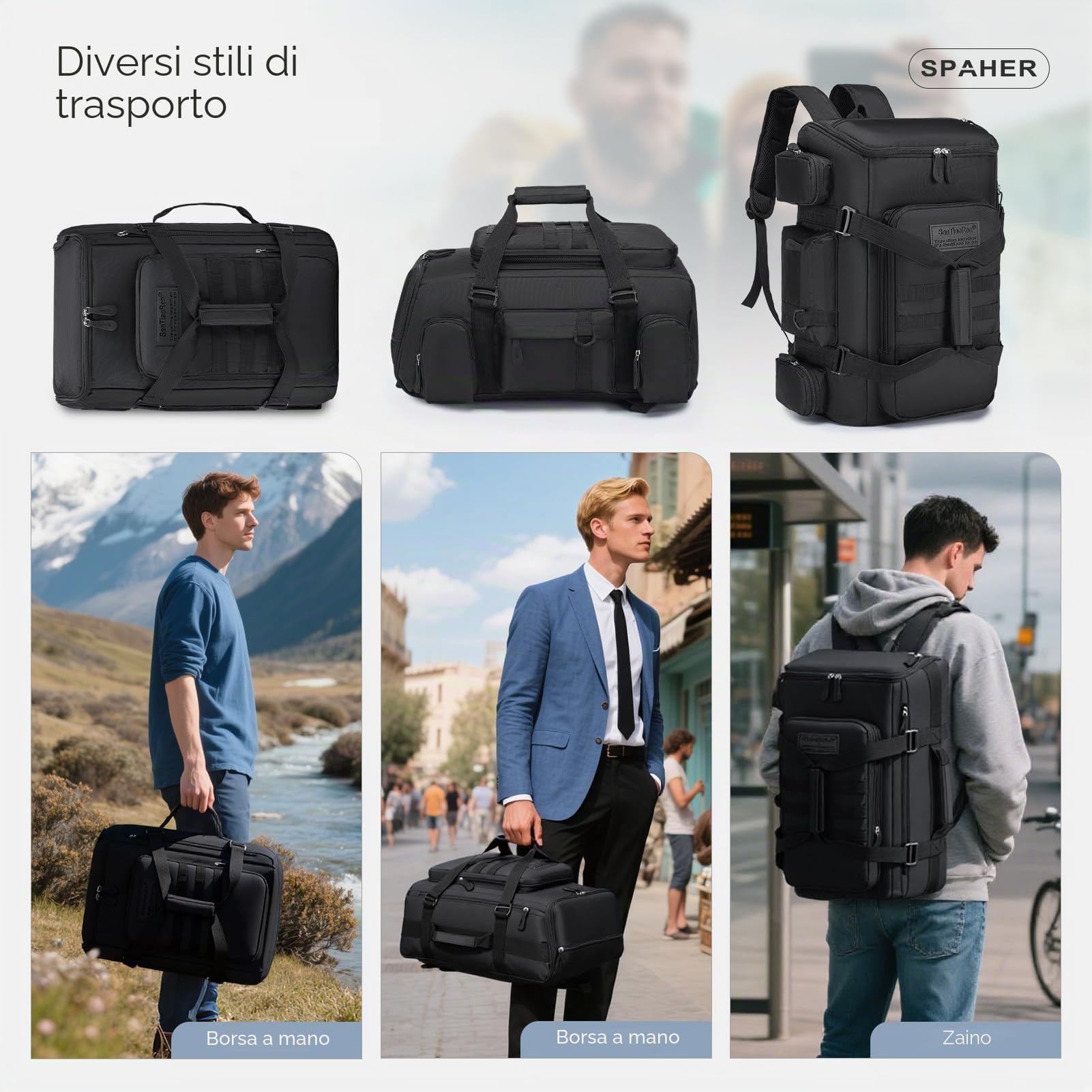 SPAHER 3 in 1 Tattico Borsone Zaino da Trekking Grande 40L, Nero | Apertura Ampia a 180°, 2 Manici, Sistema MOLLE, Tasca Umida, Scomparto Imbottito per Laptop da 16 Pollici