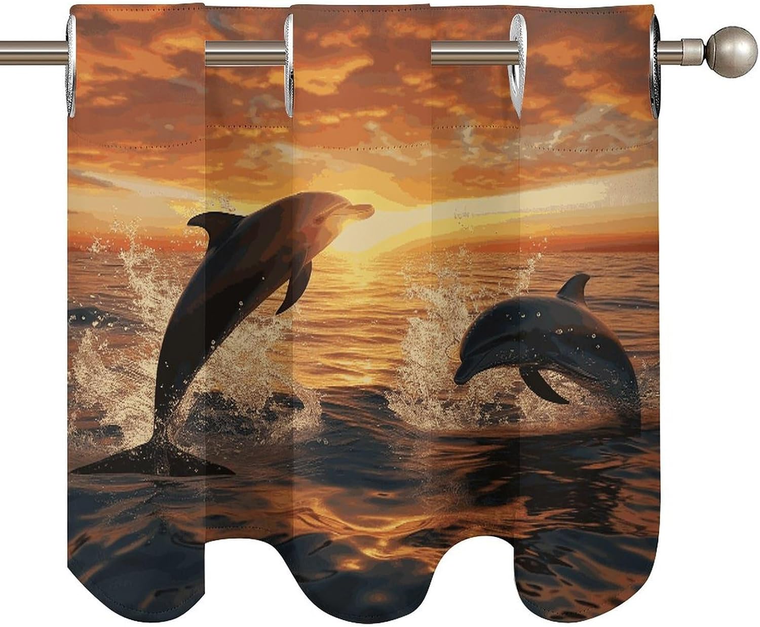 Dolphins Jumping Out of The Water at Sunset Curtain 2 Panels, Polyester Fiber, Blackout Insulated Window Curtain, Curtain Valance for Kitchen Dining Room Living Room Cafe Small Window 52 * 18.1 Inches