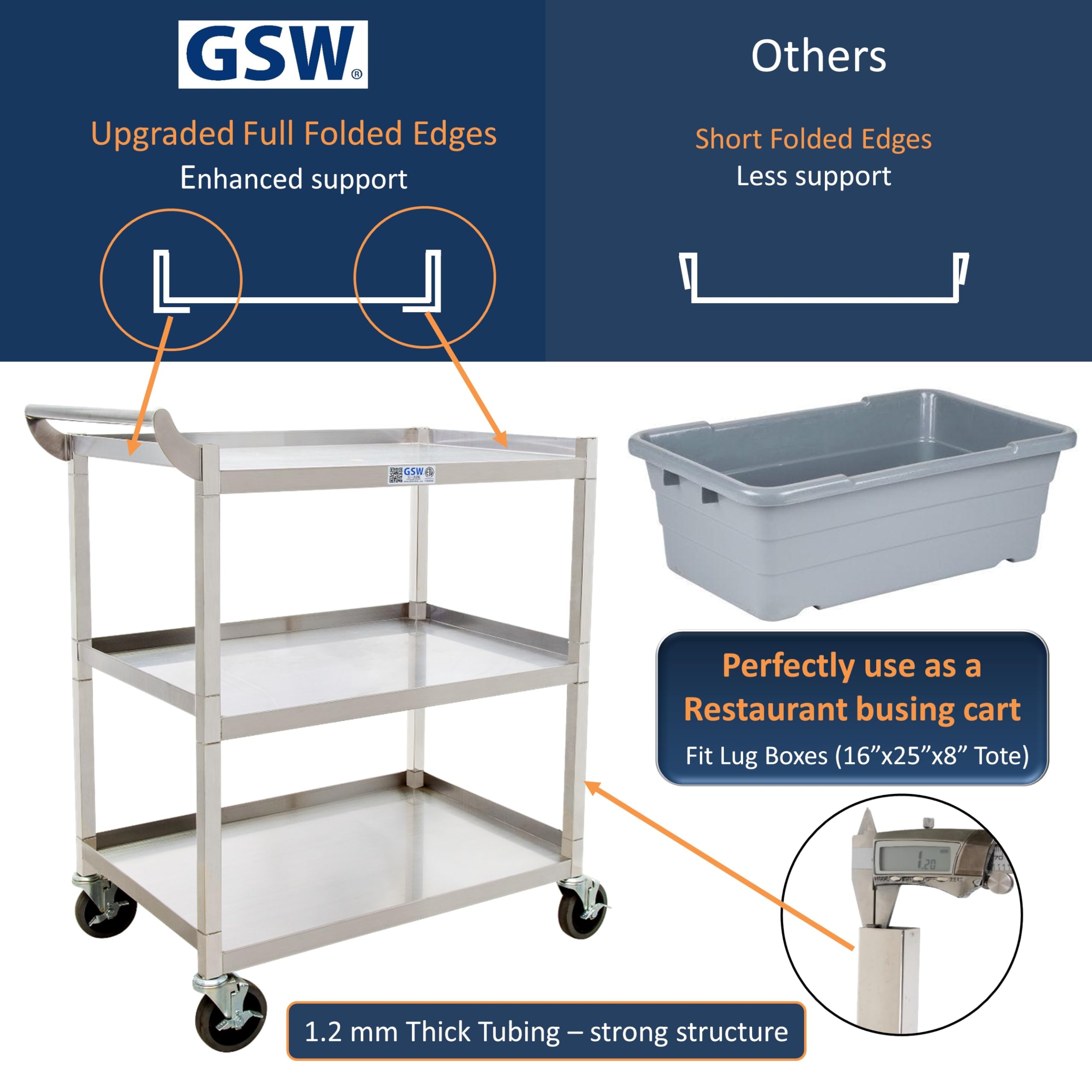 GSW - Carro de herramientas tubular de acero inoxidable sólido de 2,54 cm con ruedas giratorias de 12,7 cm, 18 por 29-1/2 por 34", aprobado por NSF