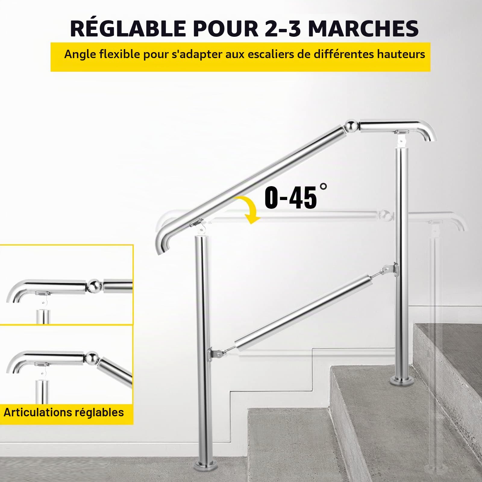 Happybuy Rampe de transition à 3 marches en acier inoxydable pour surface plane et 1 à 3 marches réglables pour escalier intérieur ou extérieur Capacité 100 kg Avec kit d'installation