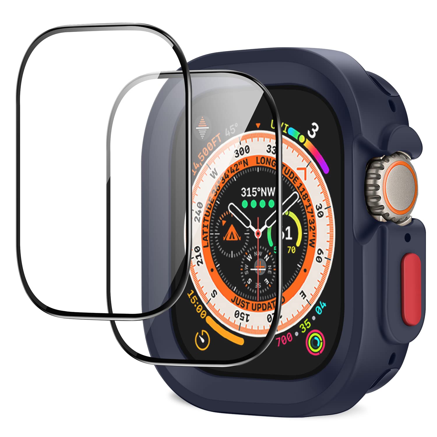 Amizee Rugged Case Compatible with Apple Watch Ultra 2/Ultra 49mm Case with 2 Pack Glass Screen Protector, Soft TPU Durable Shockproof Protective Bumper Cover for iWatch Ultra 2/Ultra 49mm, Blue