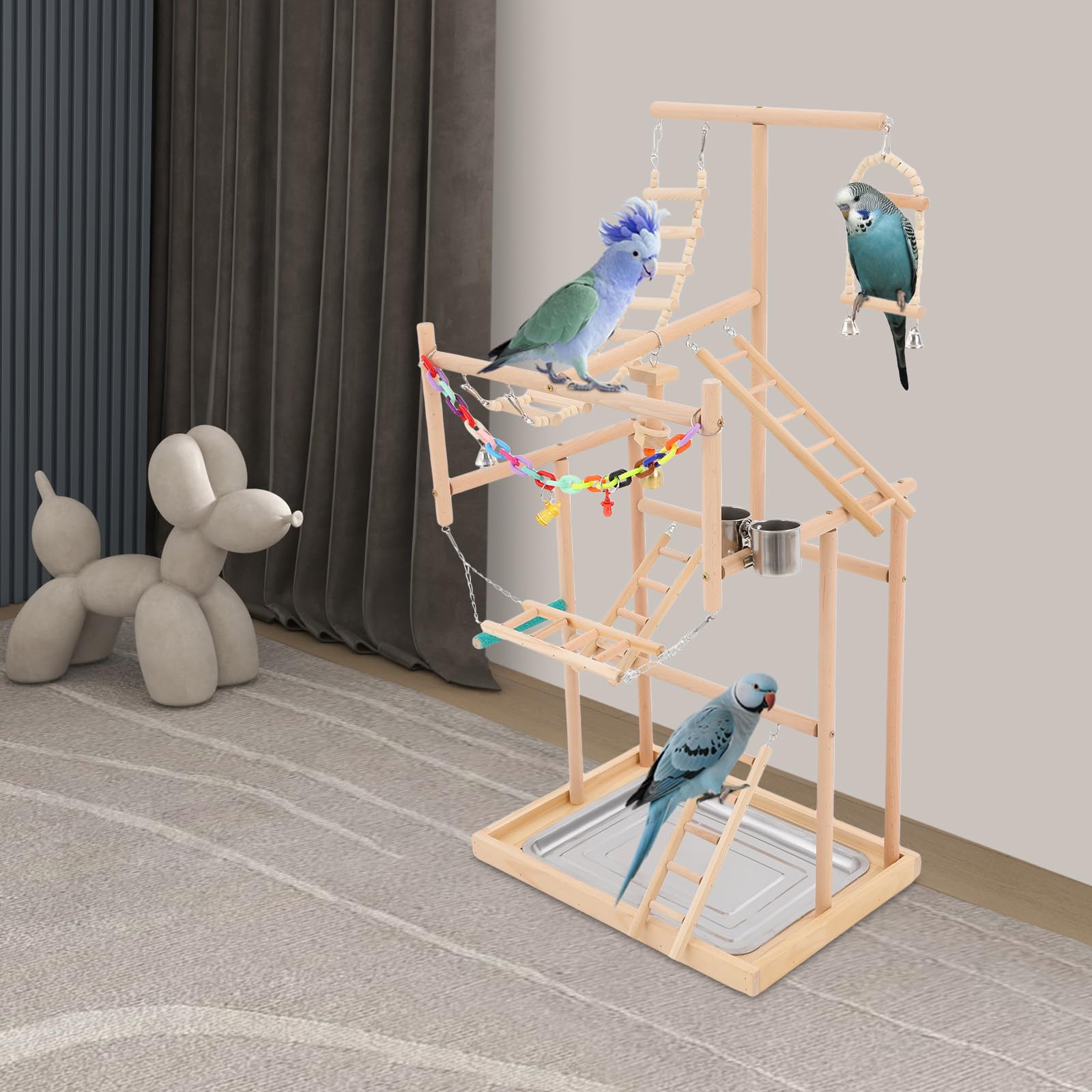 Cavalletto per pappagalli, parco giochi per uccelli, 48 x 33,5 x 94,5 cm, in legno naturale, con ciotola per mangime e supporto per pappagalli, parrocchetti
