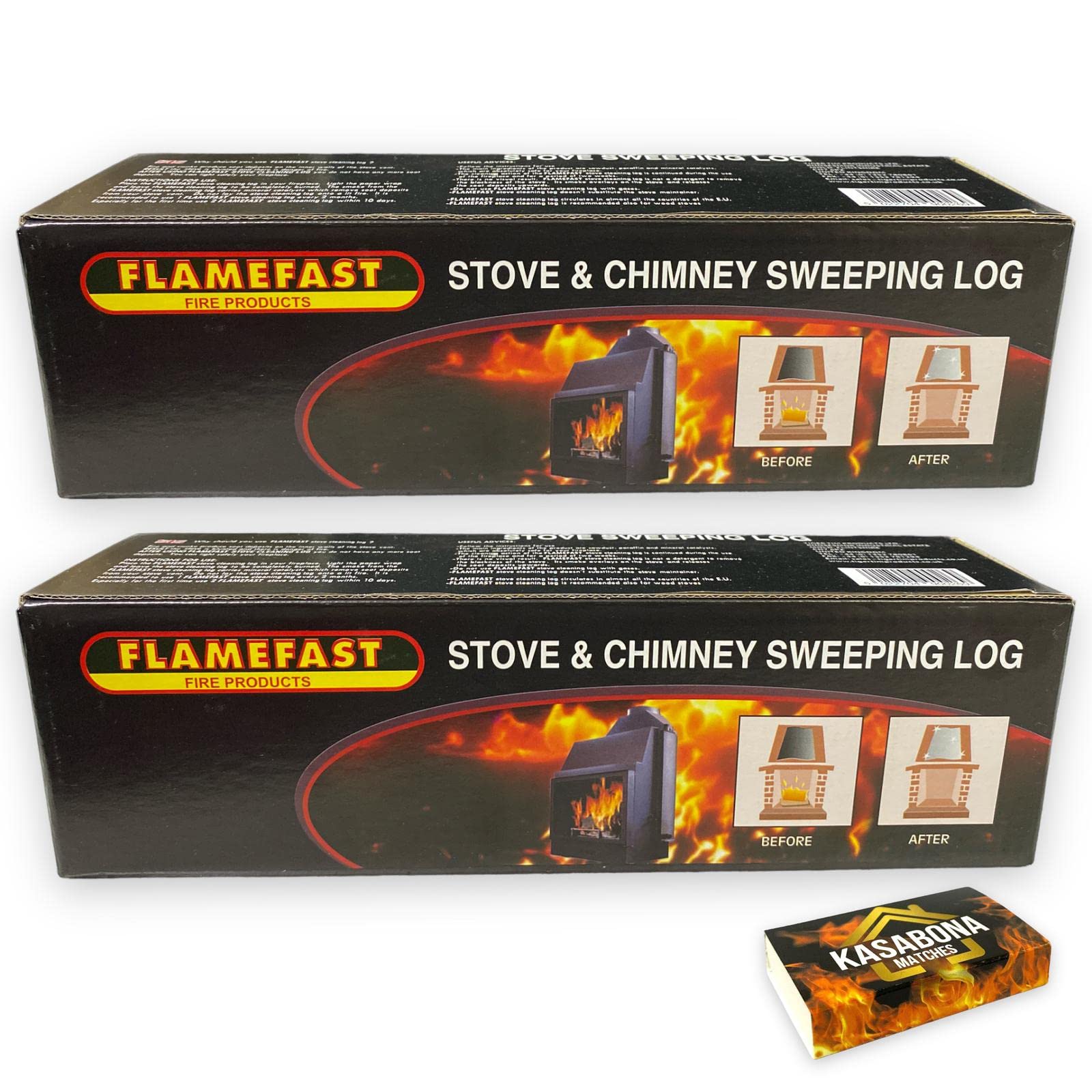 Kasabona Brown Flamefast Stove & Chimney Sweeping Log Fire Place Cleaner Remove Creosote Soot Tar Deposits – Includes Safety Matches (2 Logs)