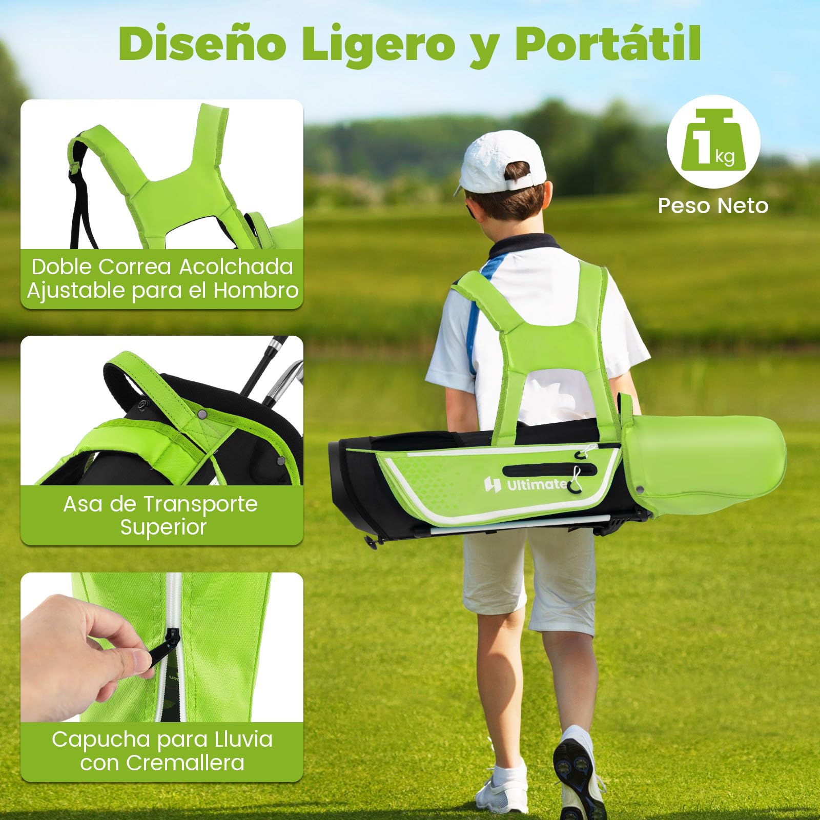 GYMAX Juego Completo De Palos De Golf para Niños Diestros De 8 A 10 Años, Incluye Fairway De Madera N.° 1 con Cubierta para La Cabeza, Hierros N.° 7 Y N.° S, Putter Y Bolso con Capucha