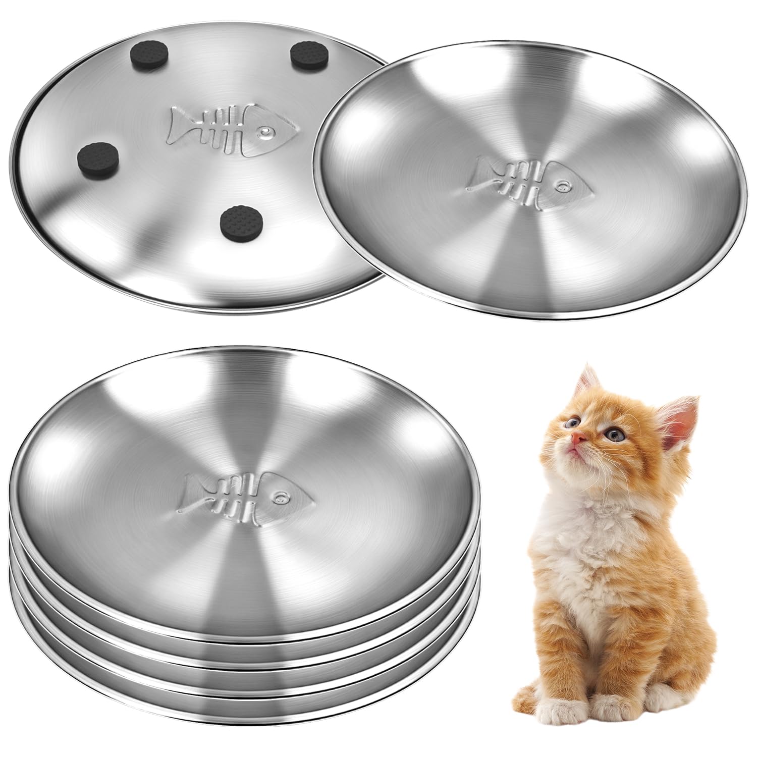 Stainless Steel Cat Bowls with Fishbone Pattern, Metal Cat Food Bowl, 6.7" Wide Whisker Friendly Cats Dishes, Cute Bowl with Non-Slip Pad for Indoor