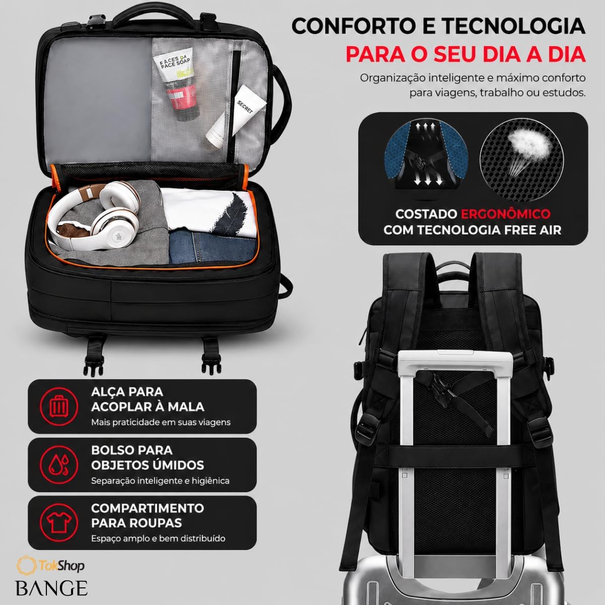 BANGE Mochila Executiva Masculina Reforçada de 40L Expansível Antifurto Impermeável para Notebooks de Até 17.3 Polegadas (Preto) BANGE Mochila Executiva Masculina Reforçada de 40L Expansível Antifurto Impermeável para Notebooks de Até 17.3 Polegadas (Preto)